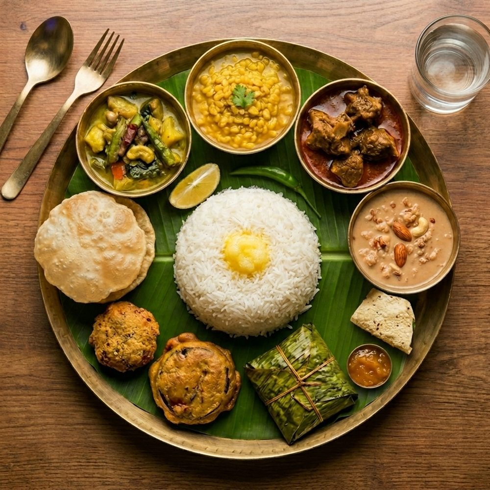 Traditional Bengali thali platter on a banana leaf with rice, dal, curries and fried snacks